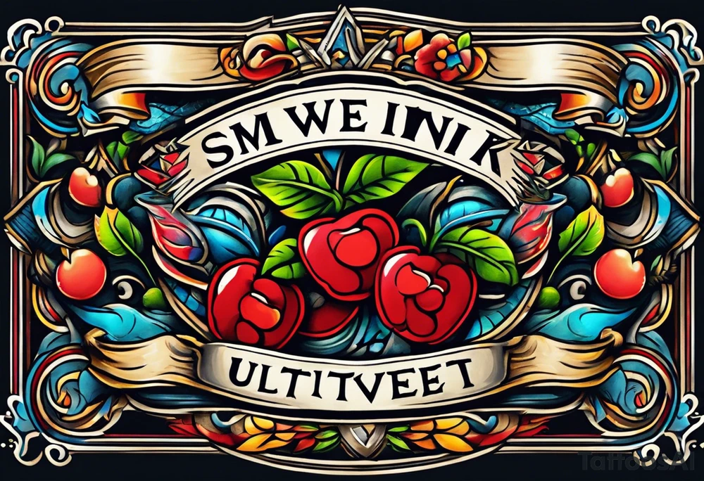 has wording "The Sweet Ink", traditional american tattoo style, bold, simple, colorful tattoo idea