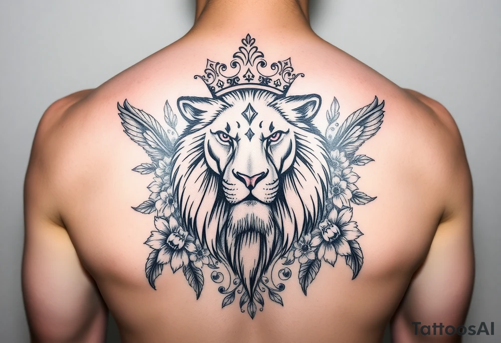 powerful majestic lion with a crown, surrounded by floral ornaments and birds tattoo idea