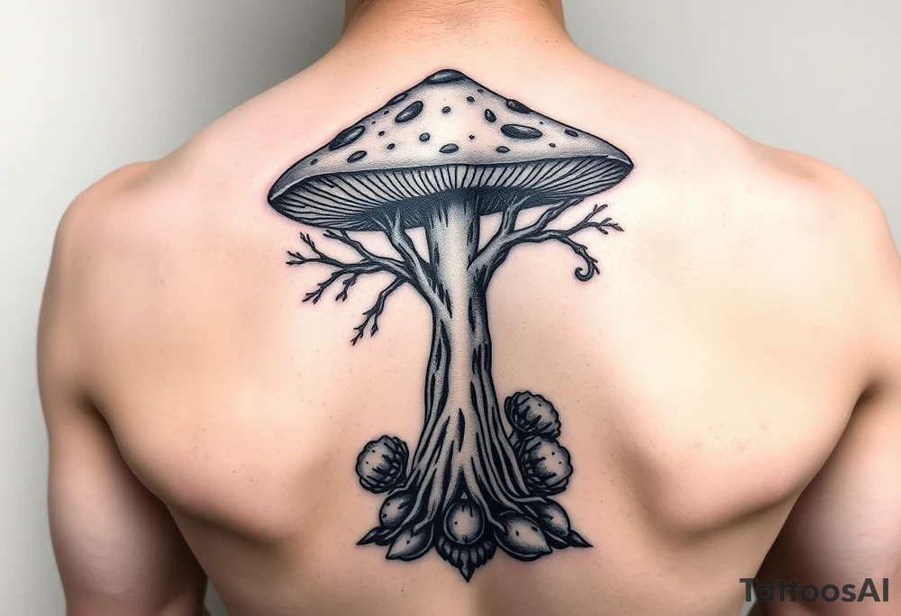 Magic mushroom with truffles growing underneath with the tree of life symbol but with mushroom tattoo idea