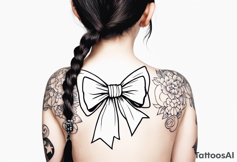 5 year old girl tattoo, facing away, hair partially up with a bow tattoo idea
