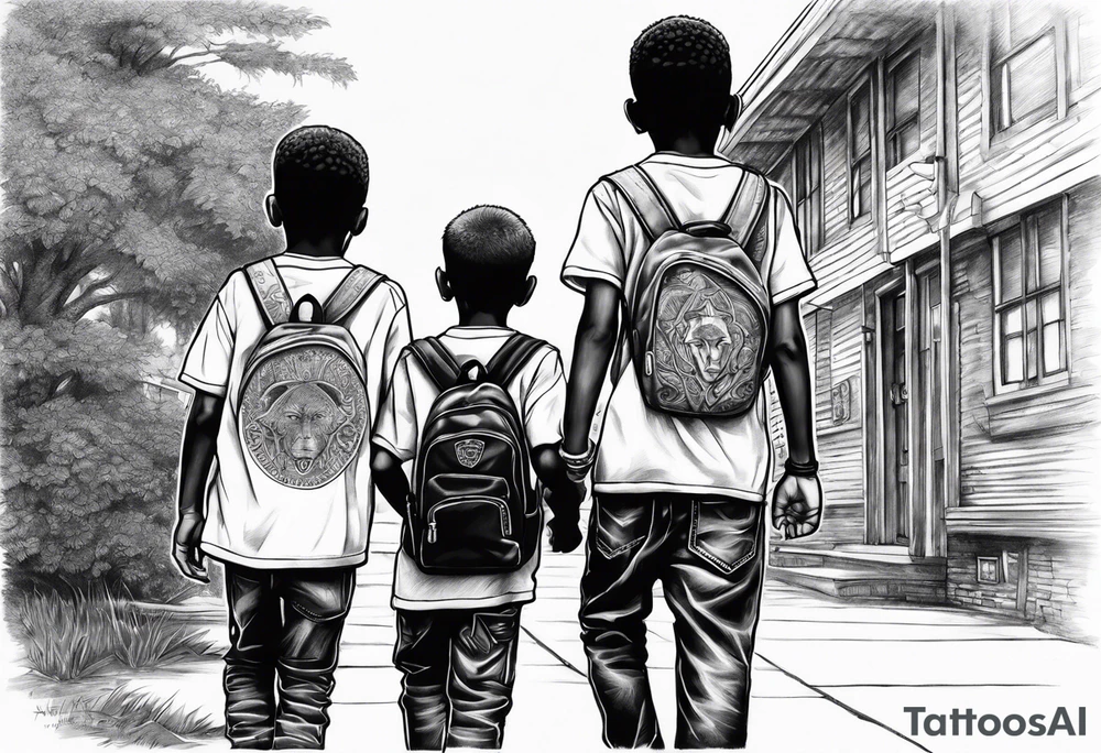 3 black school age boys walking away together  you can see their full bodies and one is looking to the side showing the side of his face tattoo idea