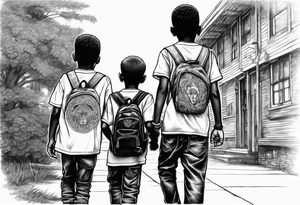 3 black school age boys walking away together  you can see their full bodies and one is looking to the side showing the side of his face tattoo idea