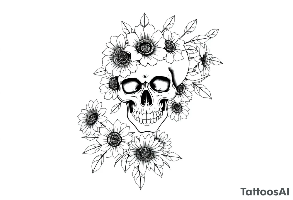 ornate skull adorned with wild roses and sunflowers tattoo idea