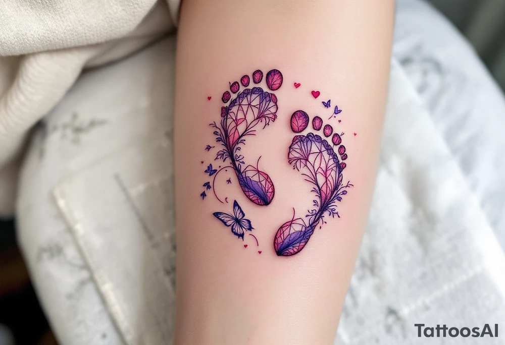 Pink and lilac footprints of Barbora, surrounded by a butterfly and heart, marking her transition into a graceful life. tattoo idea