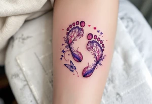Pink and lilac footprints of Barbora, surrounded by a butterfly and heart, marking her transition into a graceful life. tattoo idea