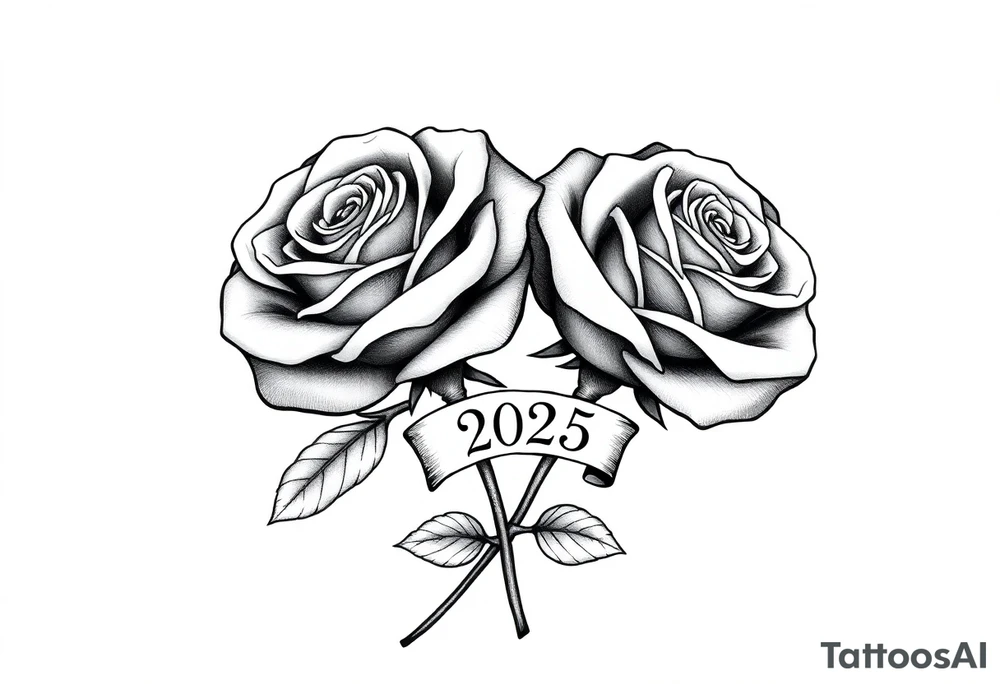 two big beautiful roses with their stems intertwined, with a small banner with "2025" on it, tying them together tattoo idea