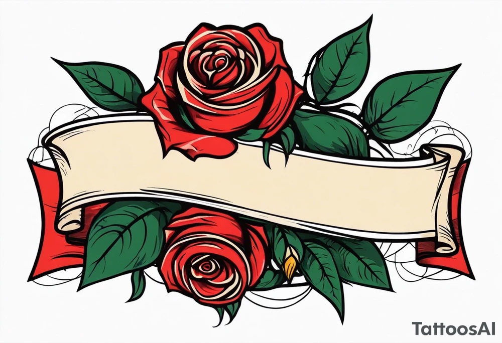 2 roses with banner between them wide tattoo idea