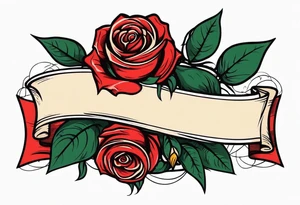 2 roses with banner between them wide tattoo idea