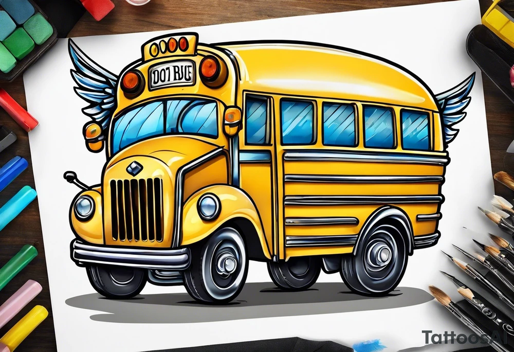 cartoonish school bus with wings tattoo idea