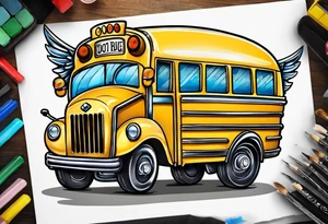 cartoonish school bus with wings tattoo idea