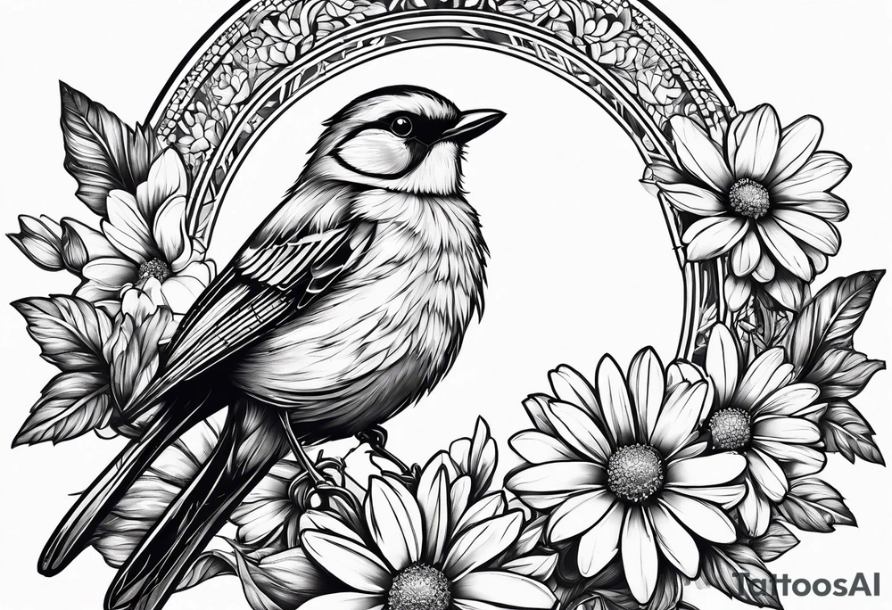 Little bird perched on a daisy flower. Fine line tattoo idea