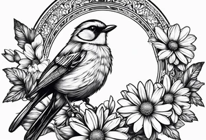 Little bird perched on a daisy flower. Fine line tattoo idea