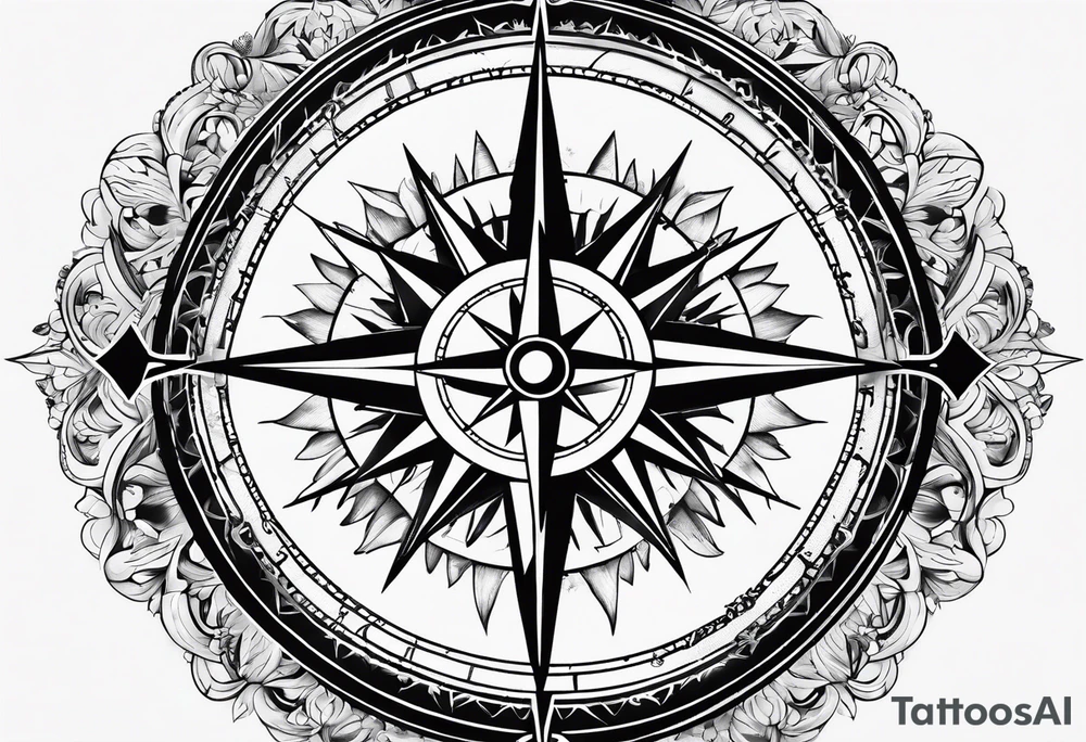 A black and white detailed compass tattoo idea