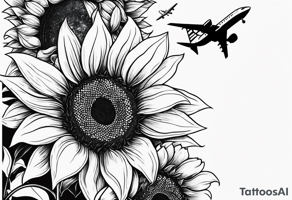 Make a minimalistic vertical postage stamp tattoo design with sunflowers at the bottom and a modern airplane flying over in the background tattoo idea