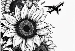 Make a minimalistic vertical postage stamp tattoo design with sunflowers at the bottom and a modern airplane flying over in the background tattoo idea
