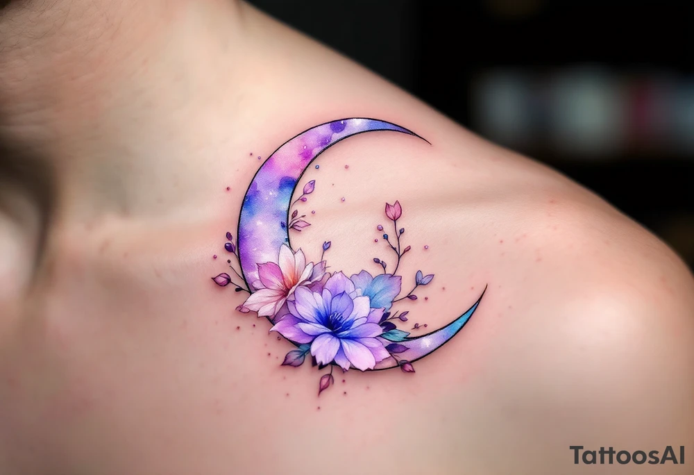 Sofinka nestled within a crescent moon, shaded in light silver and pastel violet. tattoo idea