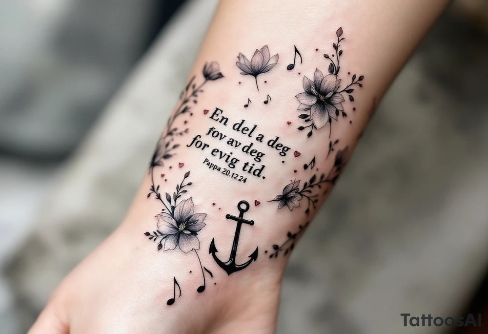 Quote: "En del av deg for evig tid. 
Pappa 20.12.24"
Surround the quote with delicate long blossom gladious, music notes, hearts and an anchor tattoo idea