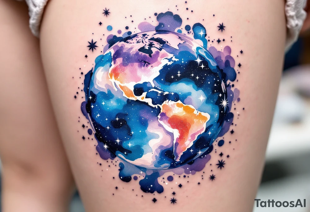 A galaxy-inspired planet Earth with continents in swirling blues and violets floats in space with tiny white starbursts. tattoo idea