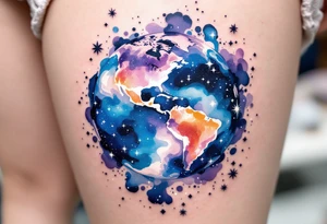 A galaxy-inspired planet Earth with continents in swirling blues and violets floats in space with tiny white starbursts. tattoo idea