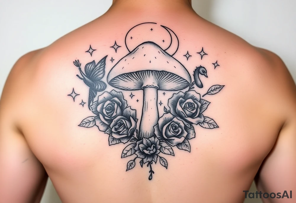 Fairy mushroom surrounded by roses and stars and moon tattoo idea