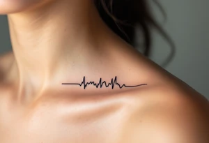 A minimalist navy blue line wave pulses across the collarbone like a heartbeat. tattoo idea