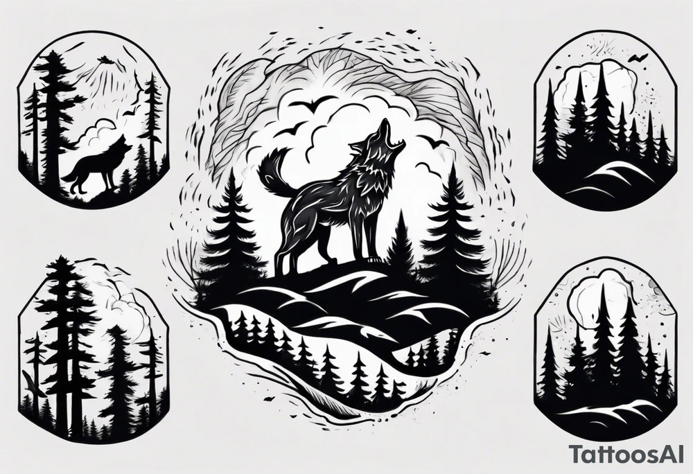 a thunderstorm over a forest and a wolf howling tattoo idea a thunderstorm over a forest and a wolf howling tattoo idea