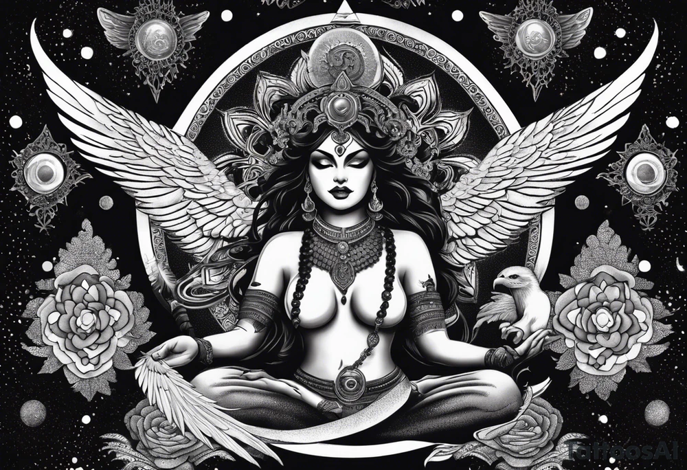 black kali, goddess pirate, alien, angel, pachamama, valkrye, warrior, flying, skull, lotus azul, wing, eagle, zenza resonance, stars, 5D, anahata chakra, death, durga, riding on a tiger, flying lady, kundalini, chest tatoo, samuri, rebel, serpent tattoo idea