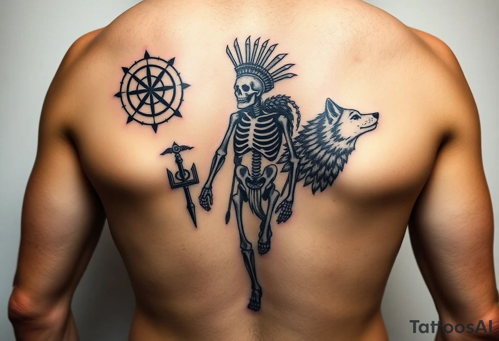 Purepecha skeleton warrior surrounded by purepecha symbols next to a wolf tattoo idea