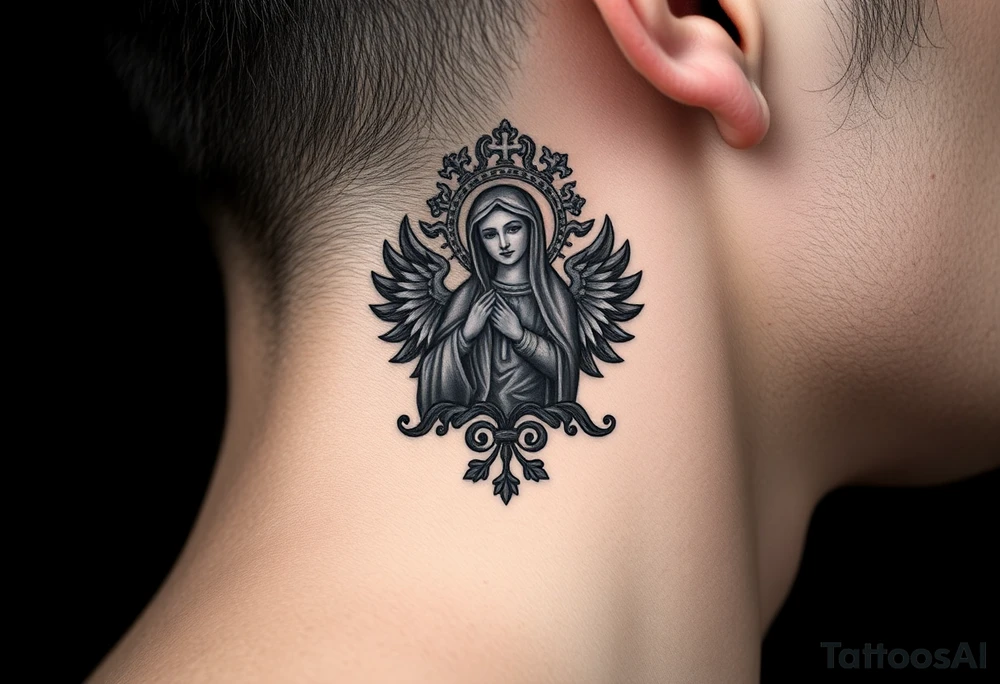 russian coat arms in a christian orthodox style virgin mary on the side of the neck tattoo idea