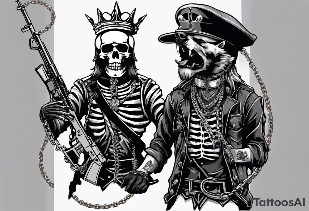 image of a skeleton standing frontally with a crown on his head, holding an AK-47 on his shoulder with his right hand. The chain on the left should be taut, there are three angry barking Dobermans in it, near the waist tattoo idea