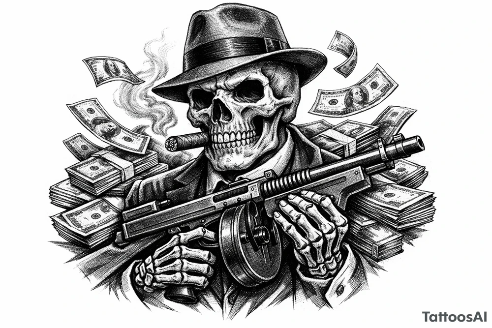 skull with cigar in his mouth,mafia-hat,machine-gun in his hands,surrounded by money. tattoo idea