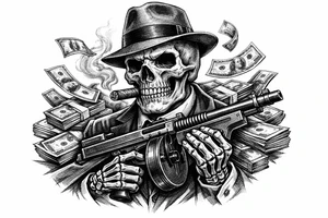 skull with cigar in his mouth,mafia-hat,machine-gun in his hands,surrounded by money. tattoo idea