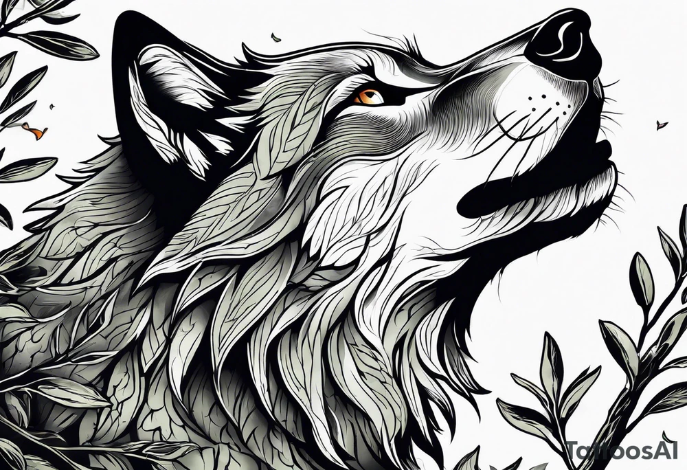 realistic howling wolf drawn with olive tree branches and leaves tattoo idea