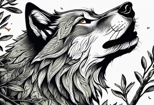 realistic howling wolf drawn with olive tree branches and leaves tattoo idea