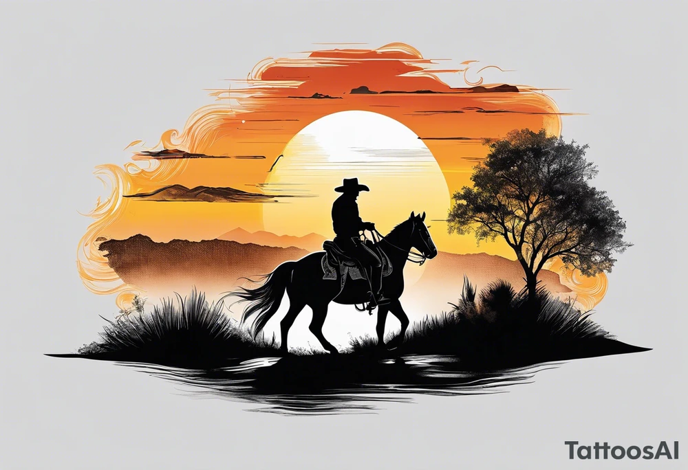 Cowboy on a horse riding in the sunset silhouette tattoo idea