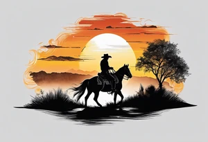 Cowboy on a horse riding in the sunset silhouette tattoo idea