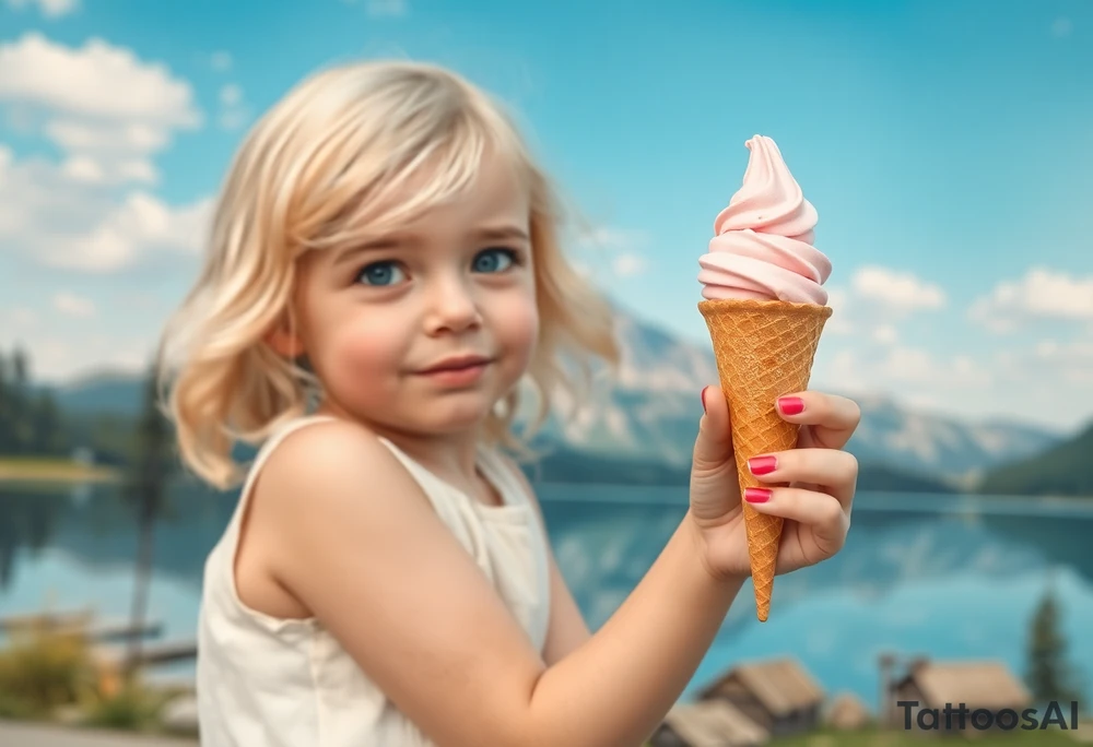 Little blond girl holding an ice cream cone but the ice cream has fallen off in front of a lake and mountain tattoo idea