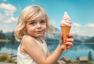Little blond girl holding an ice cream cone but the ice cream has fallen off in front of a lake and mountain tattoo idea