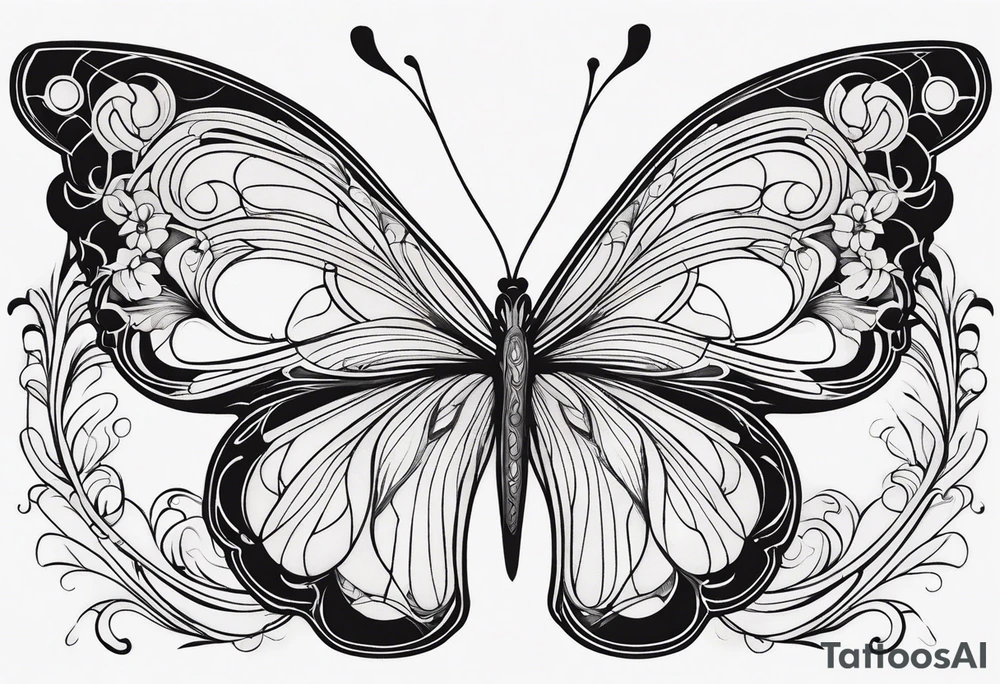 Delicate butterfly with soft, flowing lines, minimalist design inspired by Alphonse Mucha’s organic Art Nouveau curves, subtle floral detailing in the wings. tattoo idea