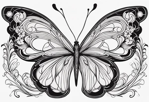 Delicate butterfly with soft, flowing lines, minimalist design inspired by Alphonse Mucha’s organic Art Nouveau curves, subtle floral detailing in the wings. tattoo idea