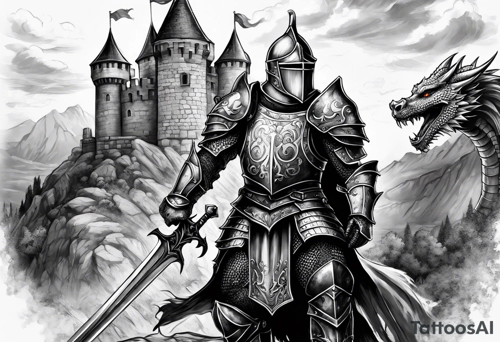 knight in armor, dragon, castle tattoo idea
