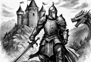 knight in armor, dragon, castle tattoo idea