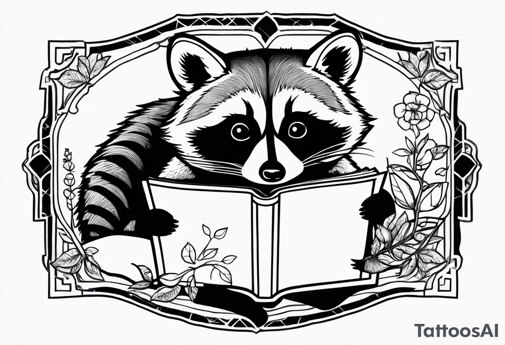 A raccoon drinking tea and reading a book tattoo idea