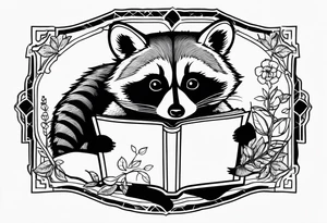 A raccoon drinking tea and reading a book tattoo idea