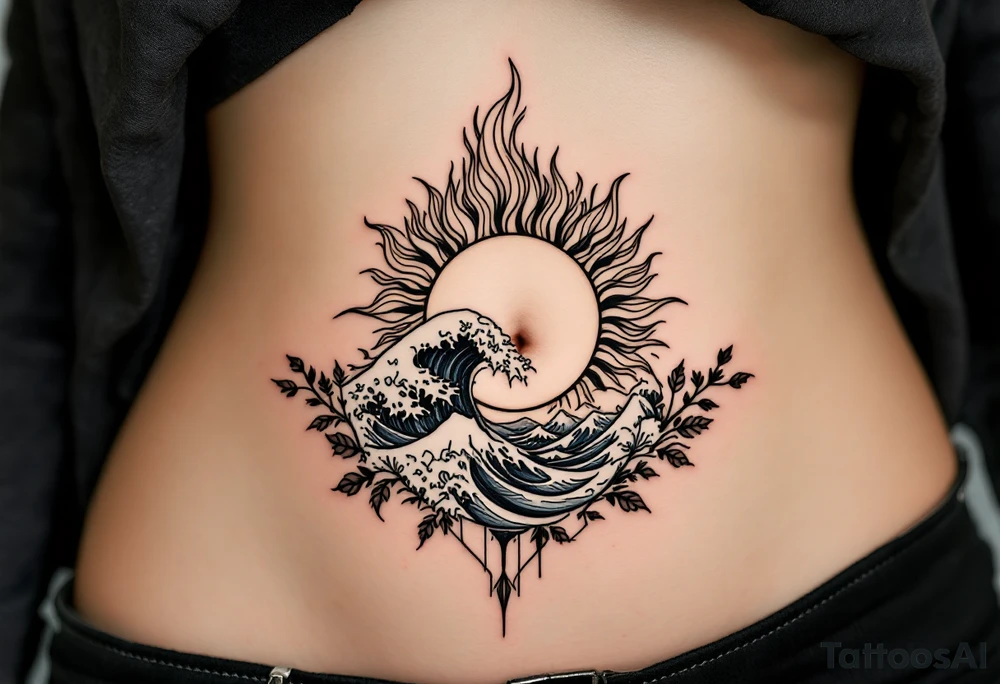 Bellybutton tattoo: a flaming sun with waves in the background tattoo idea