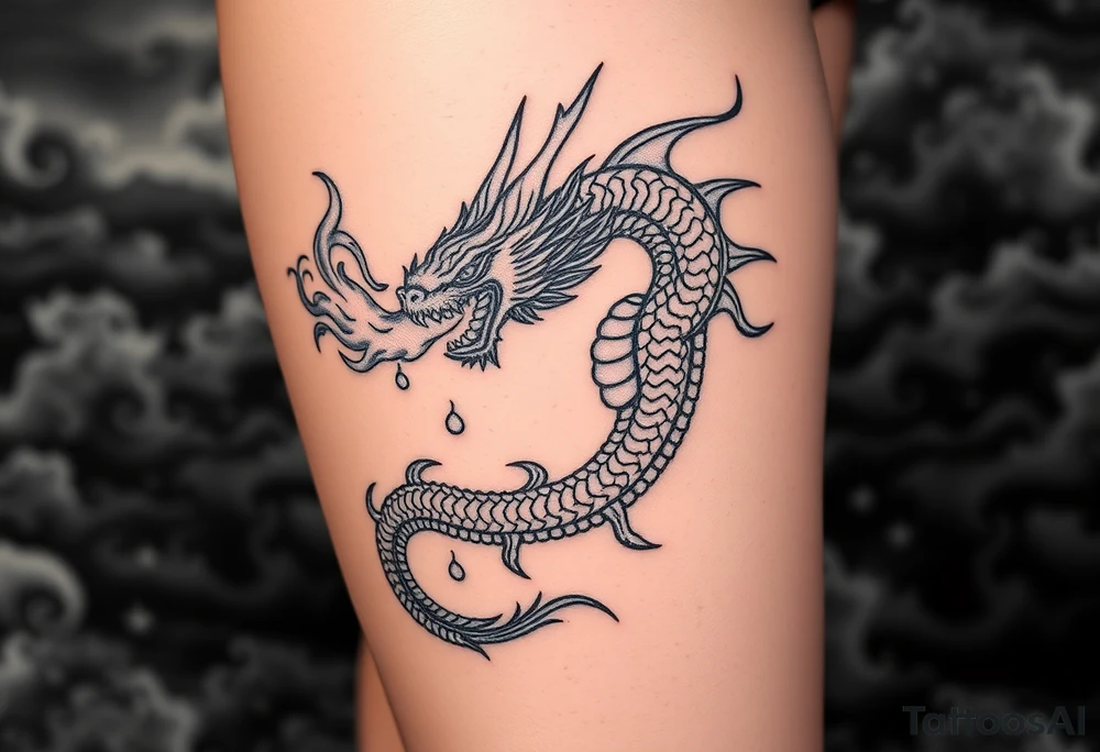 fierce dragon breathing iridescent fire against stormy skies tattoo idea