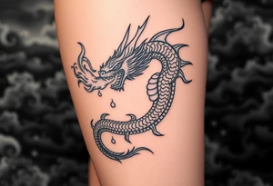 fierce dragon breathing iridescent fire against stormy skies tattoo idea
