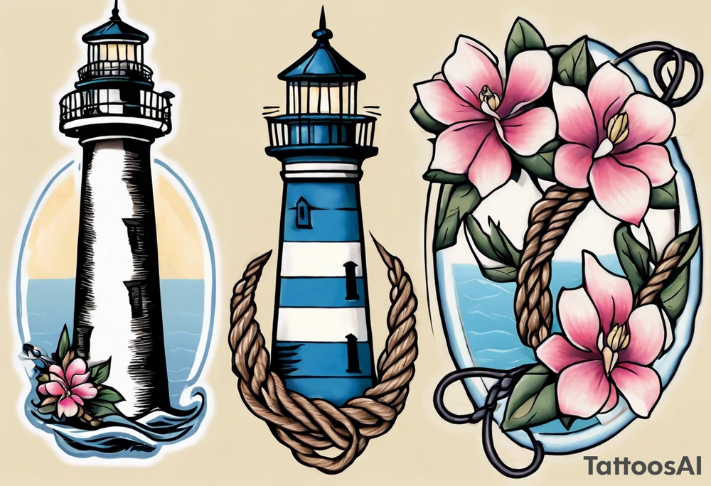Sailor Jerry tattoo of a light house bordered by magnolia flowers and rope. Behind the light house is a periwinkle blue cancer awareness ribbon tattoo idea