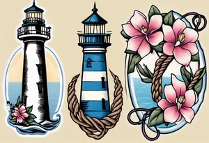 Sailor Jerry tattoo of a light house bordered by magnolia flowers and rope. Behind the light house is a periwinkle blue cancer awareness ribbon tattoo idea