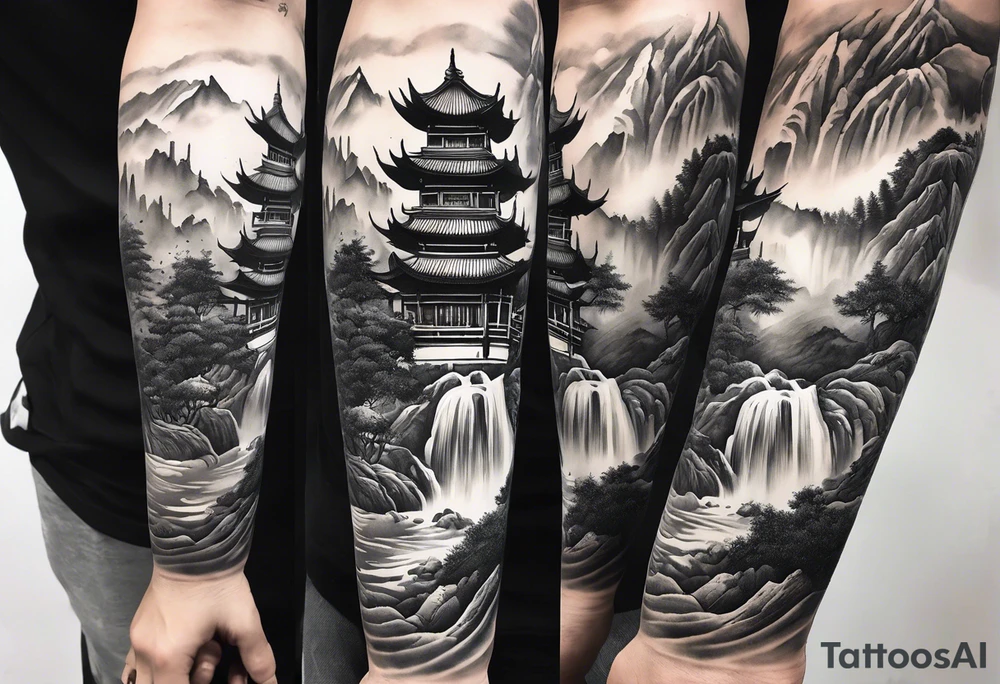 forearm sleeve traditional chinese art painting style Chinese temple two old men wearing robes and drinking tea mountains mist fog waterfall tattoo idea